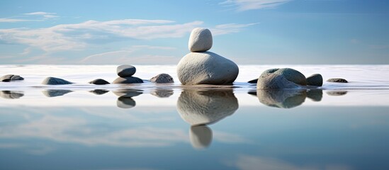 abstract art piece, a white splash of water contrasts against the isolated beachs serene background, evoking the peaceful nature of summer and inviting a sense of meditation while showcasing the rock