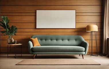 modern living room features a fabric sofa and wall mounted cabinets placed against a wooden lining wall. A blank mock-up poster frame adds a touch of elegance to the mid-century