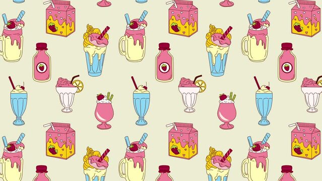 Milkshakes with a strawberry and ice cream cone animation Loop Background. Video flat cartoon animation design element. 4K video footage