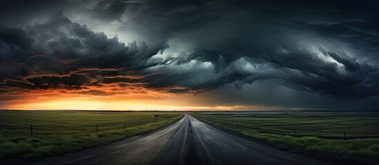 Scenic view of road at dusk with stormy skies. - obrazy, fototapety, plakaty