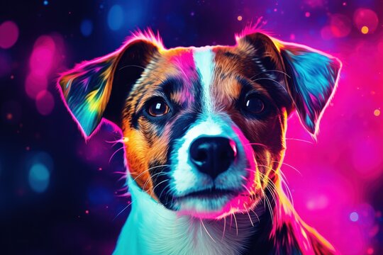 Jack Russell Terrier puppy in abstract graphic style. The highlight is the ultra-bright neon art.