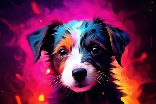 Jack Russell Terrier puppy in abstract graphic style. The highlight is the ultra-bright neon art.