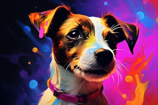 Jack Russell Terrier puppy in abstract graphic style. The highlight is the ultra-bright neon art.