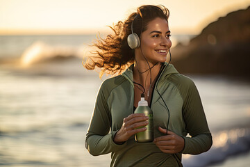 Beautiful woman exercises outdoor with a headphone and water bottle, healthy life concept - obrazy, fototapety, plakaty