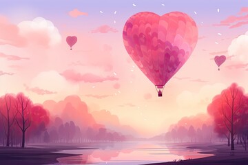 Whimsical illustration of a heart-shaped hot air balloon floating against a pastel sky, a dreamy and romantic concept