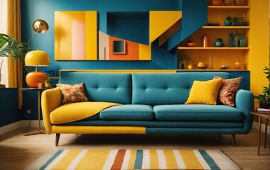 living room features a blue sofa against a yellow wall, with a vibrant pop art mid-century style adding a unique touch to the home interior
