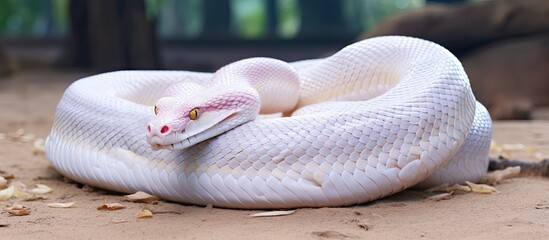 Albino python lying on the ground at the snake farm.
