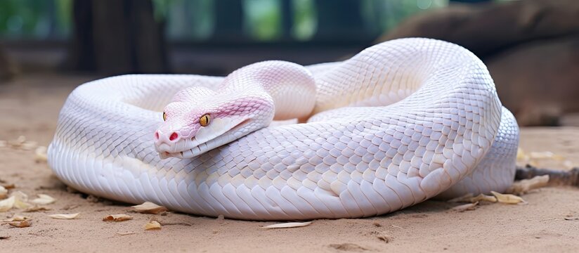 Albino python lying on the ground at the snake farm.