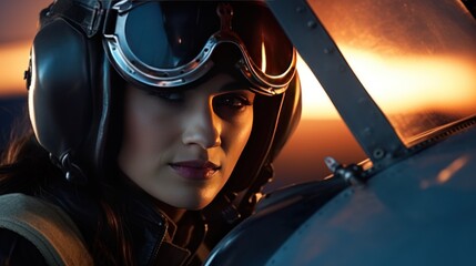 female pilot in airplane - obrazy, fototapety, plakaty