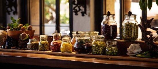 In the restaurant, there's a wooden counter with a basket of fruit and plates, as well as a shelf displaying glass jars of olives. - Powered by Adobe