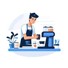 Minimalist UI illustration of a barista making coffee in a flat illustration style on a white background
