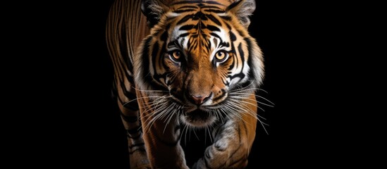 Obraz premium Emerging from darkness, a young Sumatran tiger walks.