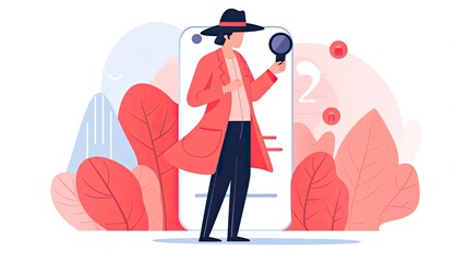 Minimalist UI illustration of a detective solving a mystery in a flat illustration style on a white background - obrazy, fototapety, plakaty