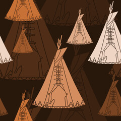 Editable Vector of Flat Monochrome Front View Native American Tents Illustration in Various Colors as Seamless Pattern With Dark Background for Traditional Culture and History Related Design