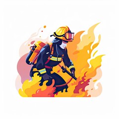 Minimalist UI illustration of a firefighter extinguishing a fire in a flat illustration style on a white background