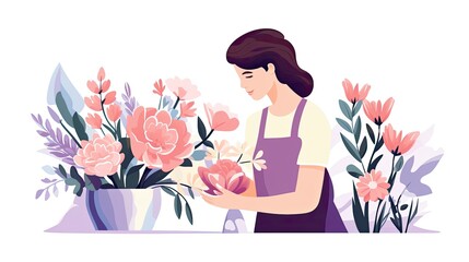 Minimalist UI illustration of a florist arranging a bouquet in a flat illustration style on a white background