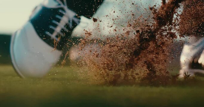 Golfer hitting ball and making big divot, golf shot with dirt flying macro close up 4k in extreme slow motion - Powered by Adobe