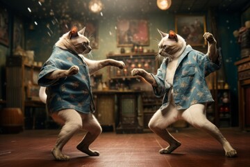 two funny cute short hair siamese cats in kimono performing a dancing routine on stage or a dance...
