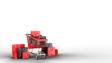 3D rendered Supermarket shopping cart with balloons and gift box. E commerce elements on transparent background PNG