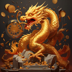 chinese dragon statue Capricorn and gold zodiac sign, generative ai - obrazy, fototapety, plakaty