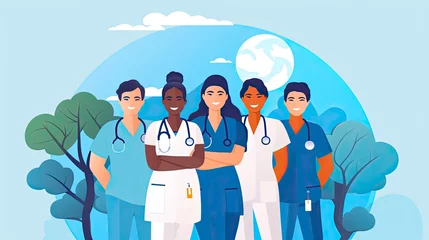 Foto op Plexiglas Minimalist UI illustration of a medical team with diverse healthcare workers united for World Health Day © Fatema