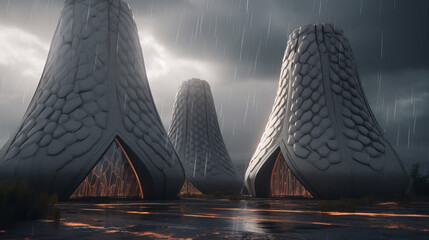 Brutal building of the future. Creativity Futuristic Architecture backgrounds. Rainy day. 