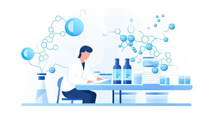 Minimalist UI illustration of a molecular biologist conducting DNA analysis in a flat illustration