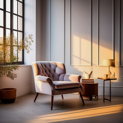 Classic English armchair on the background of an empty white walls. Sunset light on the wall. Vertical photo. 