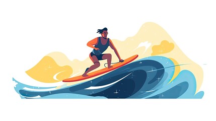 Fototapeta na wymiar Sleek Surfer Catching a Wave Minimalist UI Flat Illustration