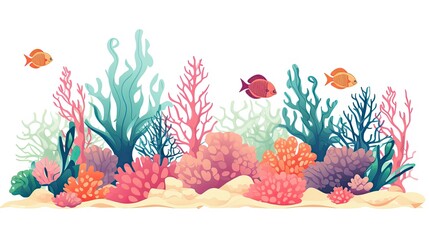 Obraz na płótnie Canvas Vibrant Coral Reef and Marine Life Minimalist Flat Design on White Background
