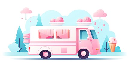 Charming Ice Cream Truck in Park Scene Minimalist UI, Flat Illustration