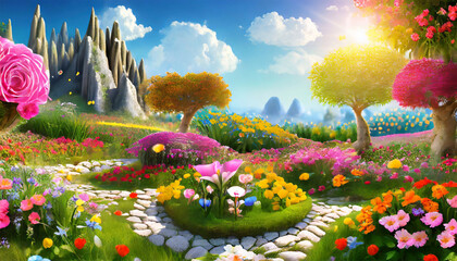 Beautiful fantasy landscape with flowers and trees