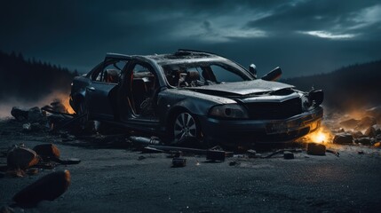 Drunk driving, car accident on the road, damaged car