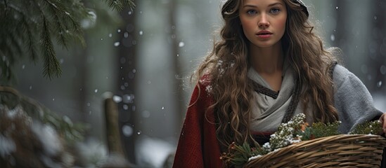 Winter photoshoot featuring a medieval peasant girl with firewood, dressed in a thick coat, red sash, and carrying a basket of fir branches and berries, in a Christmas fairy tale forest setting. - obrazy, fototapety, plakaty