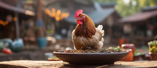Chicken eating food in the village with shallow focus. - obrazy, fototapety, plakaty