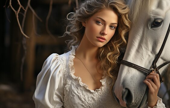 Gorgeous, sexy ladies riding white horses.