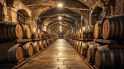 Wine, Whisky and Alcohol Age in a Cellar with Rows of Wooden Oak Barrels.