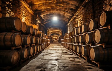 Wine, Whisky and Alcohol Age in a Cellar with Rows of Wooden Oak Barrels.