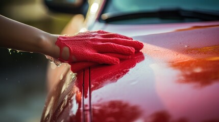Female hands washing red car with soap - obrazy, fototapety, plakaty