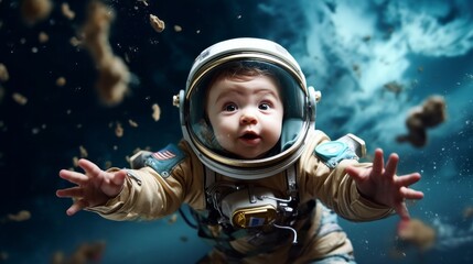 Surprised and happy child in an astronaut suit and spacesuit. Flies in zero gravity.