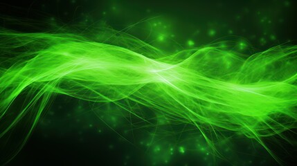 Technological background with fluorescent green light effects, light lines, luminous waves, light particles, green on a black background