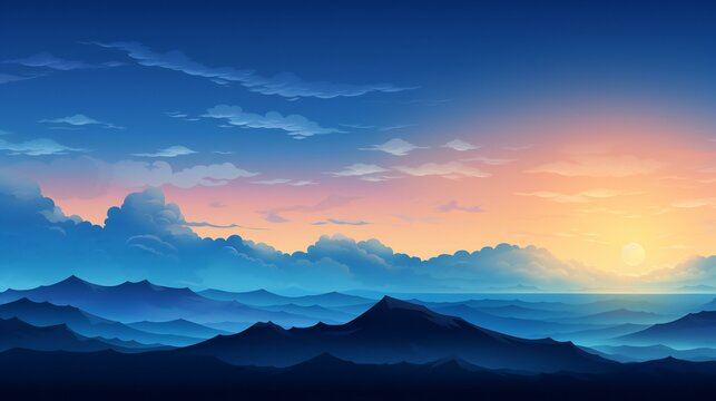 Tranquil Dawn Overlapping Mountains Under a Gradient Sky with Rising Sun and Clouds © Jahid