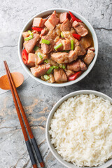 Indonesian sweet soy kecap manis braised pork served with rice closeup on the table. Vertical top view from above