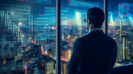 Finance trade manager analyzing stock market indicators for best investment strategy, financial data, and charts with business buildings in the background, futuristic style. generative AI.