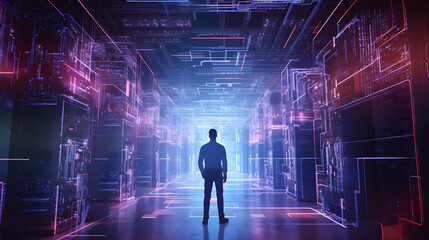 Futuristic 3D Concept- Big Data Center Chief Technology Officer Using Laptop Standing In Warehouse, Information Digitalization Lines Streaming Through Servers. generative AI. - obrazy, fototapety, plakaty