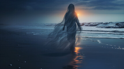 Fototapeta na wymiar Creepy Ghost Walking Woman Sheet Wet Beach Dusk