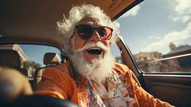 Funny crazy grandfather driving car with facial expression