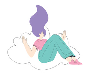 Dreaming Woman Character Sit on Cloud Having Fancy Imagination Vector Illustration