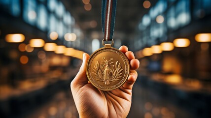 Glowing gold medal in the rising hand. First place winner and top finisher. Win. - Powered by Adobe
