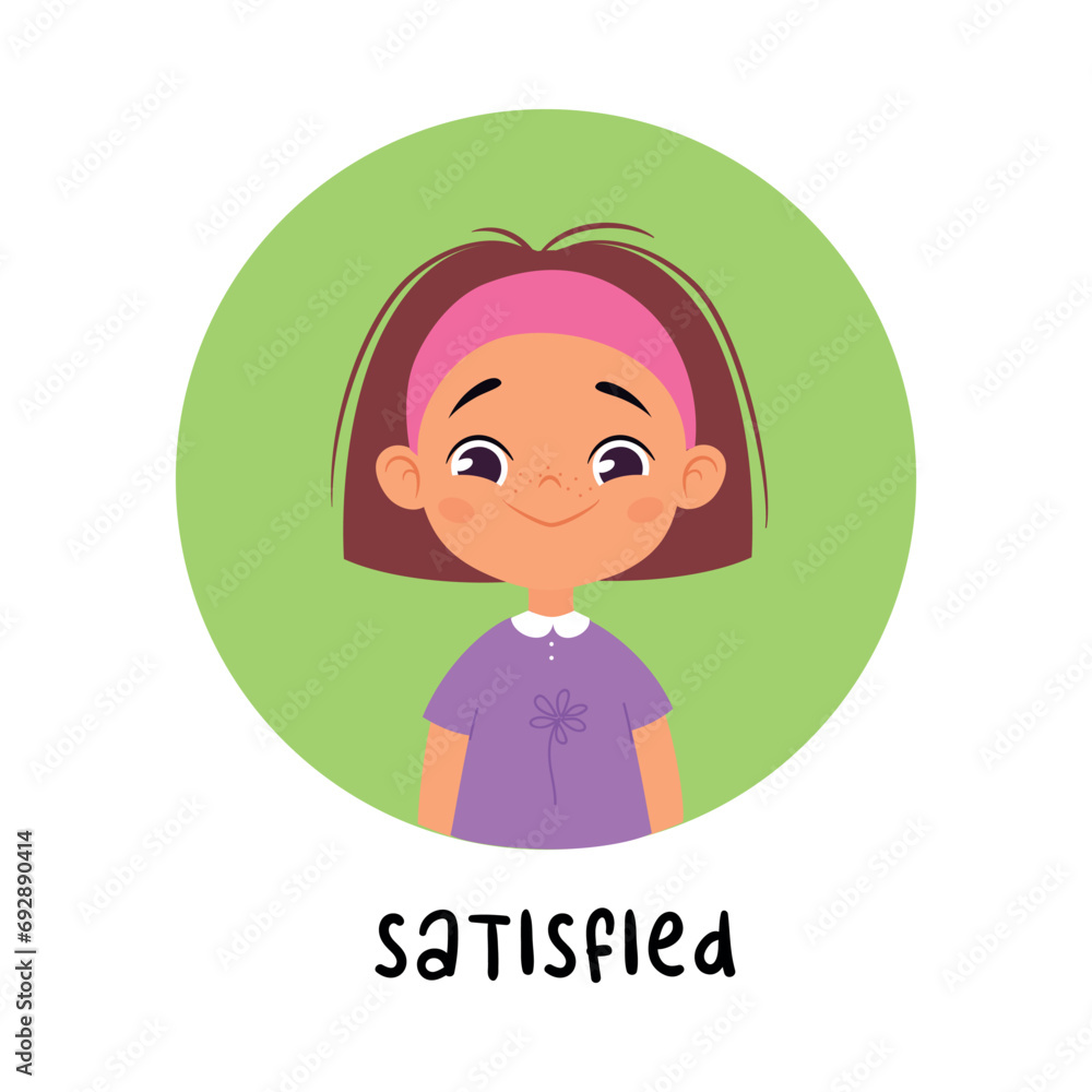 Poster kid emotion with satisfied girl character in round shape show face expression vector illustration